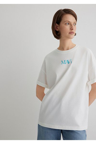 Mavi Emblémával nyomtatott fehér póló Oversize / széles szabású 1611593-70057