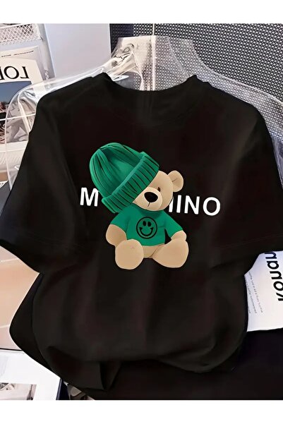 Massgai Tricou oversize unisex Smile Bear verde imprimat 100% bumbac