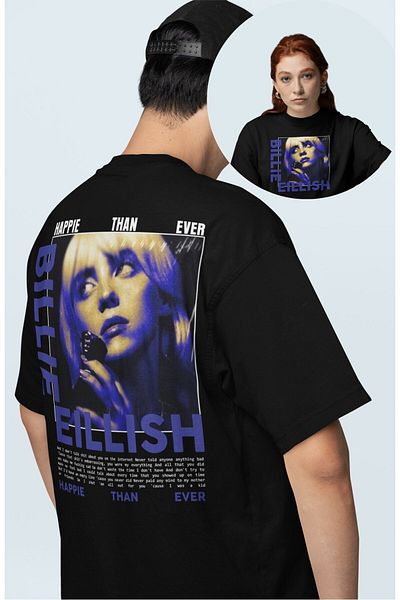 Fuddy Moda Unisex Happie Than Ever Back Written T-shirt, Oversize T-shirt με στάμπα Billie Eilish