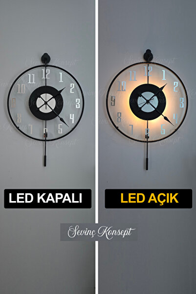 SEVİNÇ KONSEPT LED li BLACK Latin Tiktok FACE Gümüş Rakamlı (BÜYÜK BOY 50 X 75), Dekoratif Sarkaçlı Duvar Saati