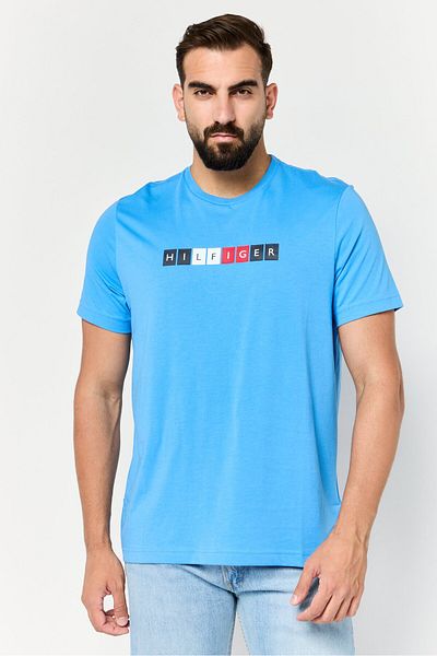 Tommy Hilfiger Men Crew Neck Short Sleeves Brand Logo T-Shirt, Slate Bule