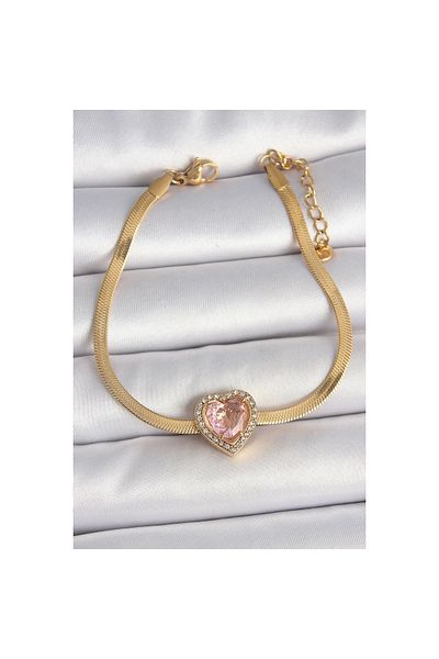 Clariss 316L Steel Gold Color Italian Chain Pink Zircon Stone Heart Model Women's Bracelet - Tj-Bb6952
