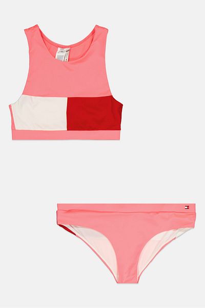 Tommy Hilfiger Kids Girl 2 Pcs Brand Logo Bikini Top And Bottom Set, Coral/White