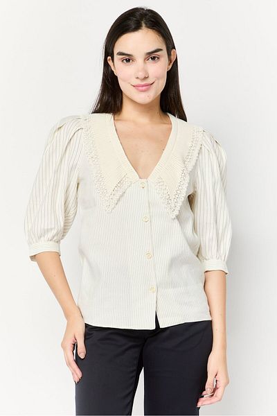 SANDRO Women V Neck Stripe Long Sleeves Shirt, Multicolor