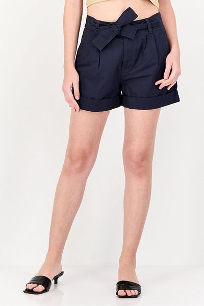 Tommy Hilfiger Women Belted Plain Basic Shorts, Navy