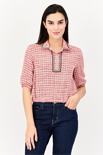 Maje Women Spread Collar Textured Short Sleeves Blouse, Multicolor