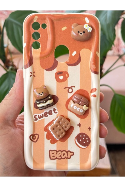Fibaks Samsung Galaxy M30S-M21 Kılıf Tasarımlı Desenli Kamera Korumalı Ayıcık Bisküvi Cofffe Silikon Kapak