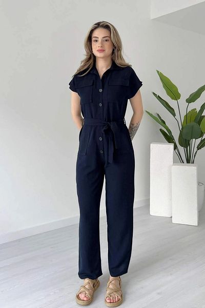 MOZENA Buttoned Pocketed Belted Linen Jumpsuit