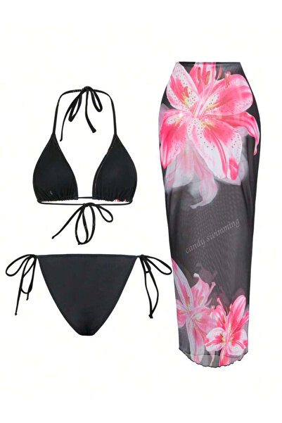 La Saade Y2k Trend Siyah Çiçekli 3 Parça Pinterest Bikini Seti