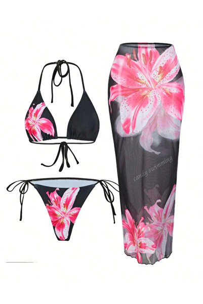 La Saade Y2k Trend Siyah Çiçekli 3 Parça Pinterest Bikini Seti