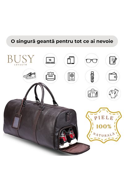Busy Lady&Gentleman Travel Bag, Fitness Nomad, Genuine Leather, Shoe Compartment, Unisex, Large Capacity, Brown