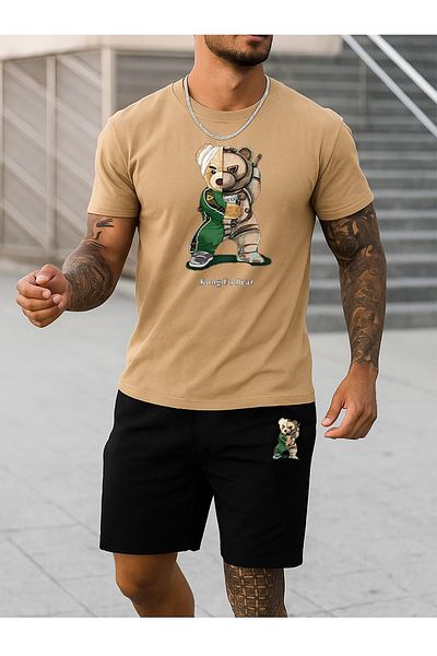modaberry Kung Fu Bear T-Shirt Shorts - Beige with Black Shorts T-Shirt Bottom Top Team Printed Crew Neck