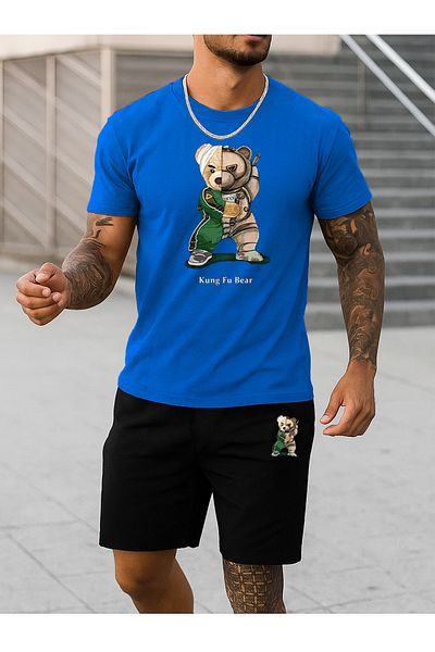 modaberry Kung Fu Bear T-Shirt Shorts - Sax Blue with Black Shorts T-Shirt Bottom Top Team Printed Crew Neck