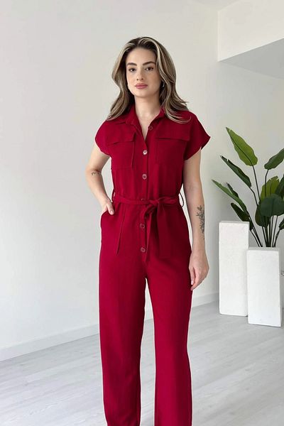 MOZENA Buttoned Pocketed Belted Linen Jumpsuit