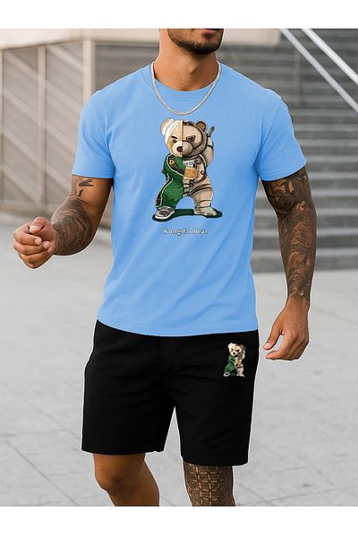 modaberry Kung Fu Bear T-Shirt Shorts - Baby Blue with Black Shorts T-Shirt Bottom Top Team Printed Crew Neck