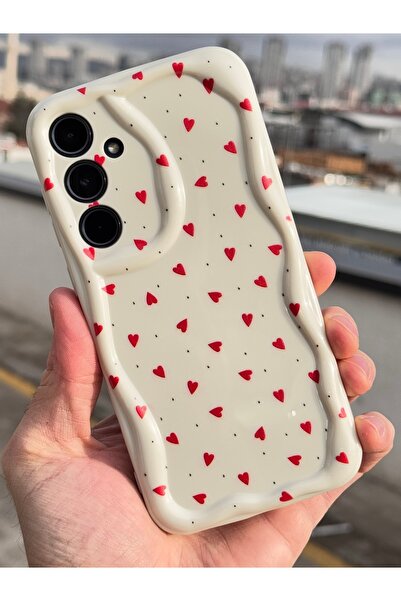 Fibaks Samsung Galaxy A26 Compatible Case Wave Edge Red Heart Pattern Silicone Cover with Camera Protection