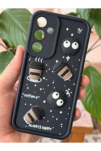 Fibaks Samsung Galaxy A26 Uyumlu Kamera Korumalı Coffee Kurabiye Figürlü Siyah Yumuşak Silikon Kapak