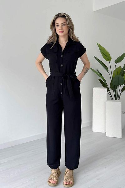 MOZENA Buttoned Pocketed Belted Linen Jumpsuit