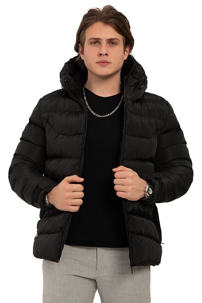 Montup Men's Black Puffer Jacket - Hooded, Fleece, Fur, Waterproof, Wind Resistant