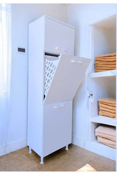 AZZURİ Furniture Çamaşır Sepetli Banyo Dolabı 2 Sepetli Çok Amaçlı Dolap Beyaz