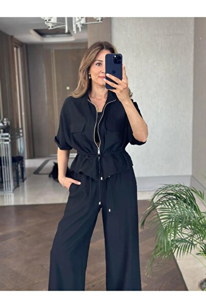 BELLA FASHION طقم بنطلون جاكيت أسود بأكمام قصيرة وربطة عنق على الخصر