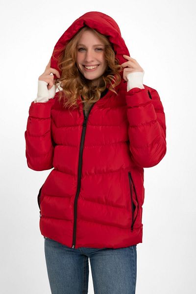 Montup Red Women's Puffer Jacket - Hooded, Fleece, Fur, Waterproof and Wind Resistant