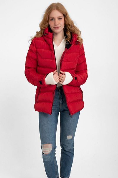 Montup Red Women's Puffer Jacket - Hooded, Fleece, Fur, Waterproof and Wind Resistant