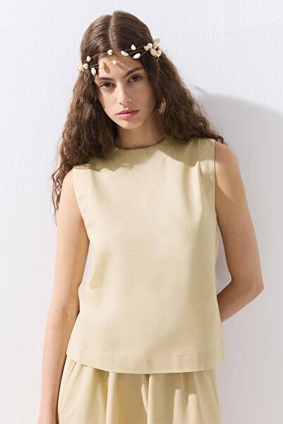 Hooopstore Lyocell Linen Sleeveless Sand Beige Blouse