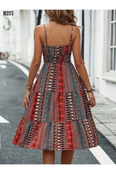 Modayakamoz Women's Rope Strap V-Neck Lace-Up Elastic Waist Patterned Single Jersey Dress