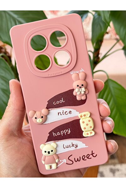 Fibaks Xiaomi Redmi Note 14 Pro Case Pink Rabbit Design Patterned Camera Protected Soft Silicone Cover