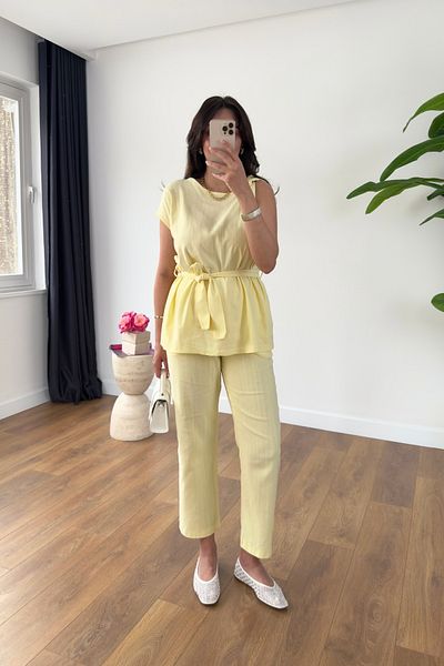 BİRCANÇİL Linda Yellow Off-The-Shoulder Belted Blouse Trousers Set