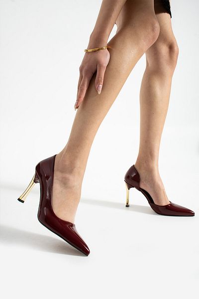 Mepa Ayakkabı Ommy Burgundy Patent Leather Women's Stiletto Gold 9 cm Heeled Women's Heeled Shoes