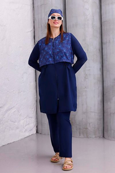 REMSA Plus Size Full Covered Hijab Swimsuit 2516 Mystery Flower Navy Blue01