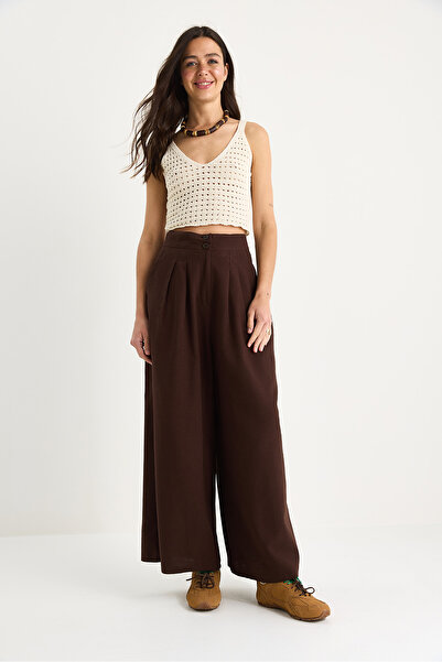 Bianco Lucci Kadın Yüksek Bel Pile Detaylı Cepli Bol Paça Pantolon 3266 60281060