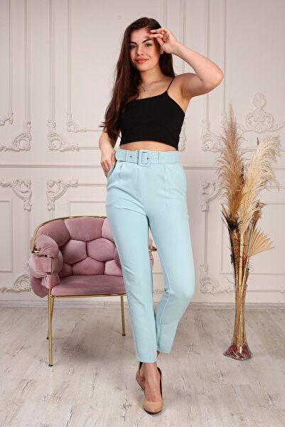 Deneme Kabinim Women's Skinny Leg - Belted Fabric Trousers, Baby Blue