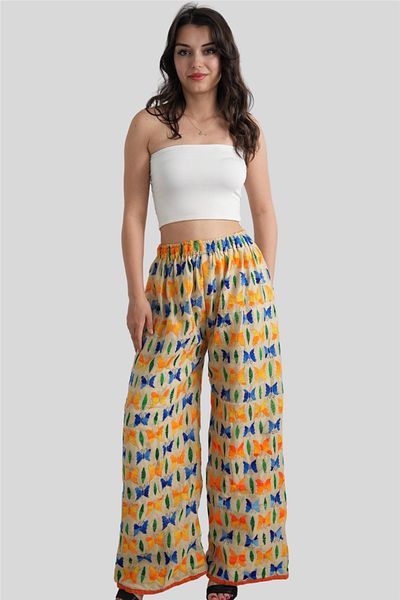Miss Boheme Beige Butterfly Embroidered Bohemian Trousers