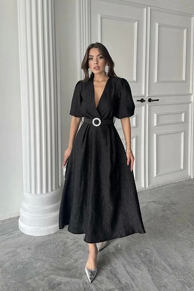 Silerra Black Sparkling Belted Double Breasted Dress