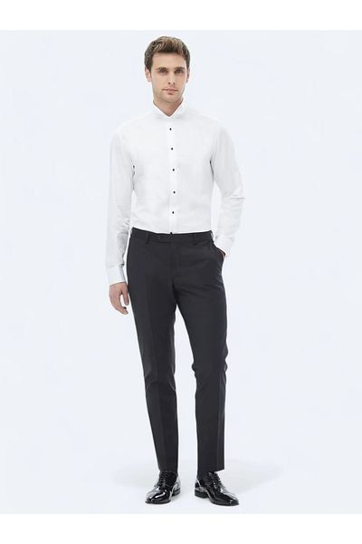 Kip White Plain Slim Fit Double Cuff Turtle Collar Tuxedo Shirt