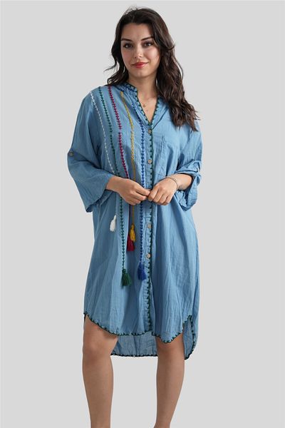 Miss Boheme Blue Embroidered Short Button Detailed Tunic Dress