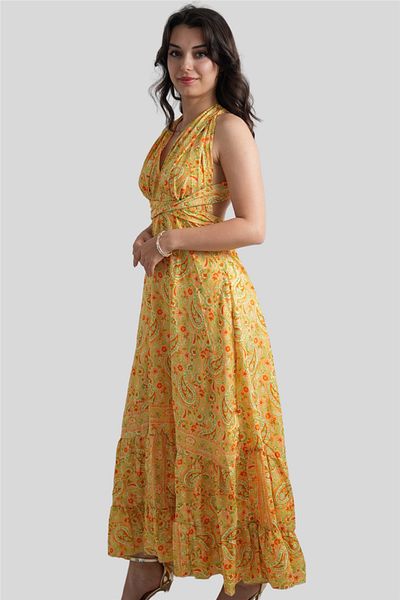 Miss Boheme Orange Gold Detailed Halter Neck Backless Silk Dress