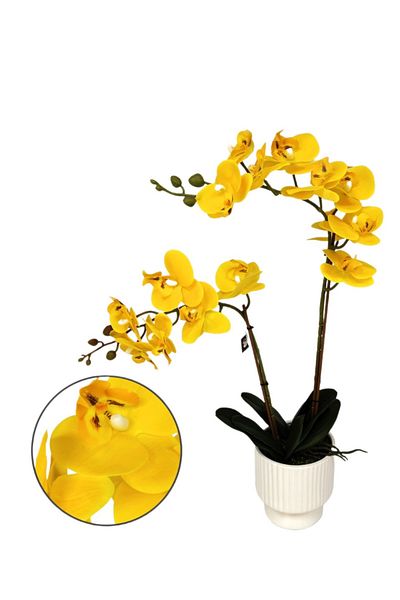 Living Yellow artificial orchids with a realistic look, white pot, height 66 cm