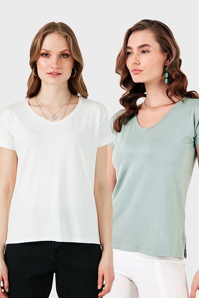 Lela V-Neck Relaxed Fit Slit Detailed 2'Li Package Blouse Bluz 5862000S2