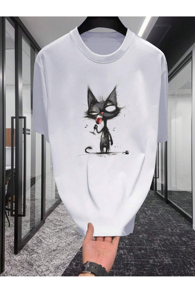 ELNOYA Cotton White Oversize T-Shirt Awesome Cat Printed Casual Casual T-Shirt
