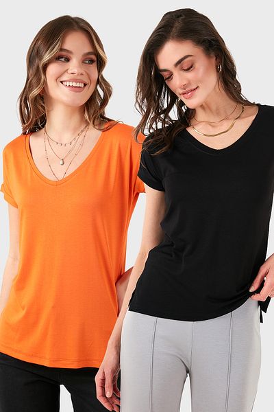 Lela V-Neck Relaxed Fit Slit Detailed 2'Li Package Blouse Bluz 5862000S2