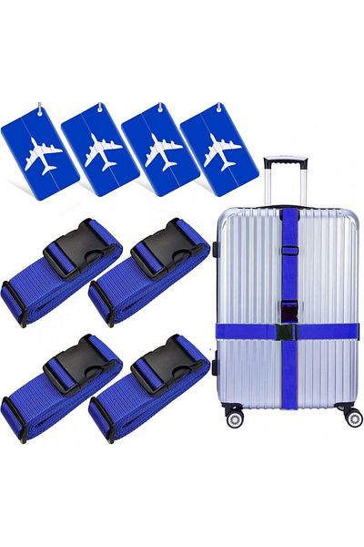 Travoola Set de 4 curele și 4 etichete pentru cărucior, poliester, albastru, 120-180 cm