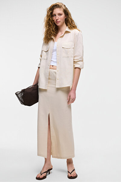 GRIMELANGE Ivern Fusta midi bej pentru femei, 100% bumbac, cu aspect de in, cu fantă în față, talie elastică, cu buzunare