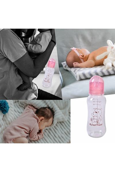 PUFO glass bottle with silicone nipple for milk, Best friend model, 250 ml, pink