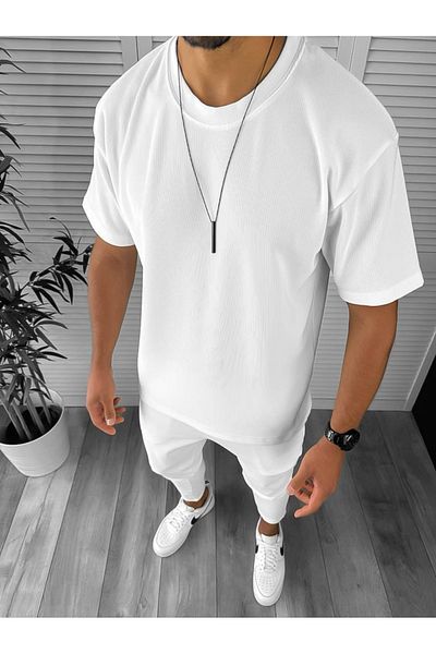 dehaine Men's Suit, Pants and T-Shirt, White, 8206