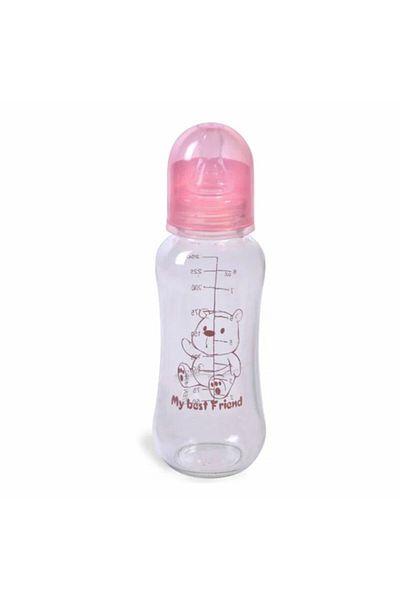 PUFO glass bottle with silicone nipple for milk, Best friend model, 250 ml, pink