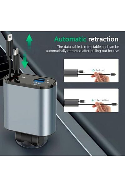 Generic Super Fast Charge 4-in-1 Car Charger with Dual Retractable Cable, Dual Port USB C PD Fast Charging,